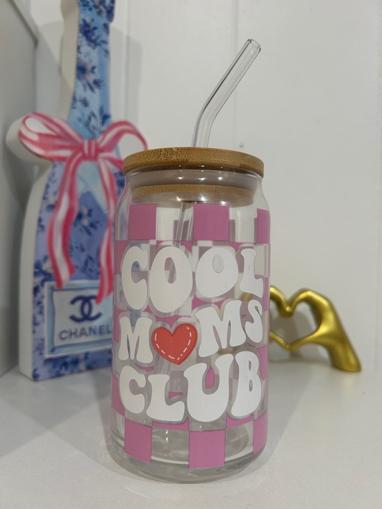 Other - Cool Moms Club Pink Checkered Glass Tumbler with Bamboo Lid